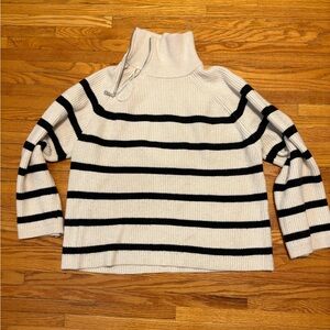 Zara White and Black Striped Turtleneck Sweater